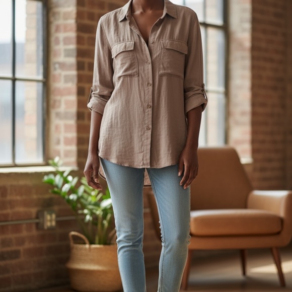 Altar'd State Light Brown/Tan Long-sleeve Button-Down Shirt - Picture 2 of 5